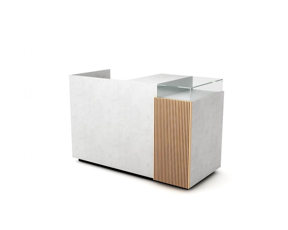 comptoir caisse compact en bois avec petit vitrine