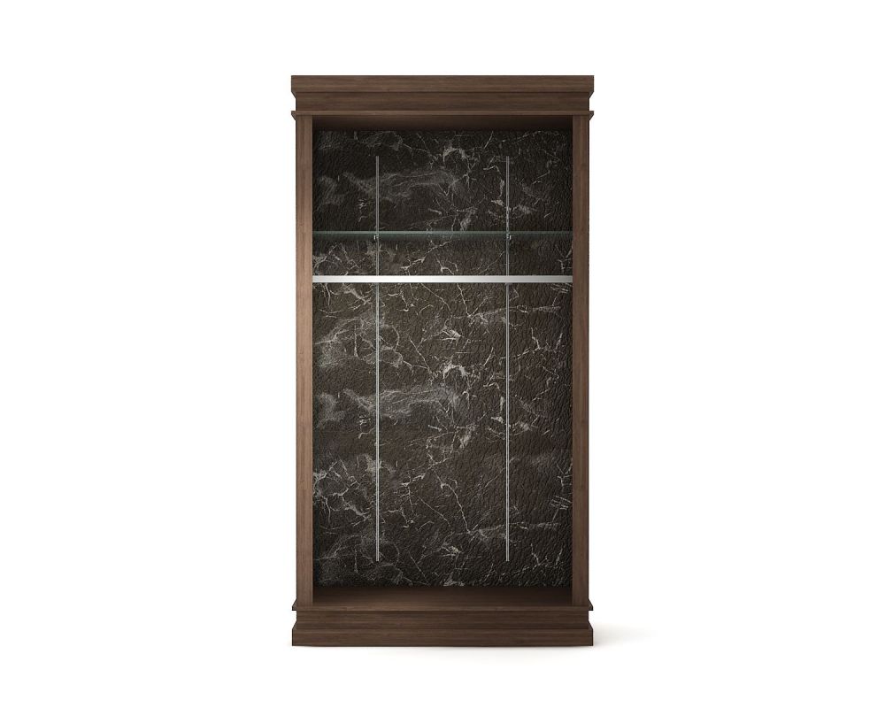 armoire boutique moquable pour boutique en noyer foncé et marbre noir vue de face