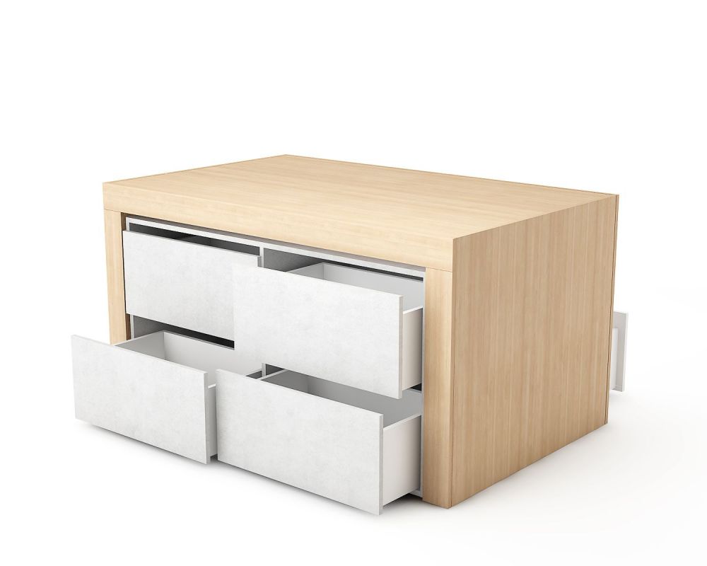 ZERO, Table d'exposition avec tiroirs bois clair